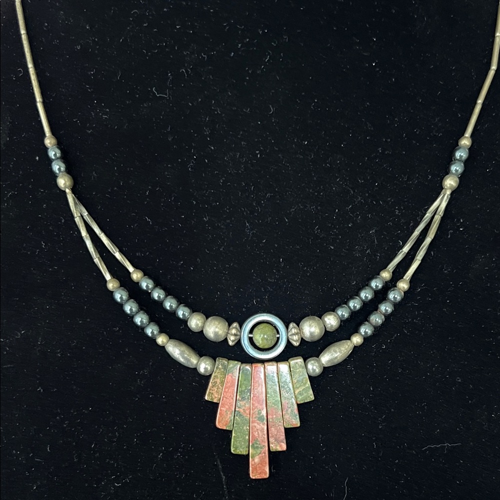 Ukanite Gemstone Fan Pendant Southwestern Beaded 19” Necklace